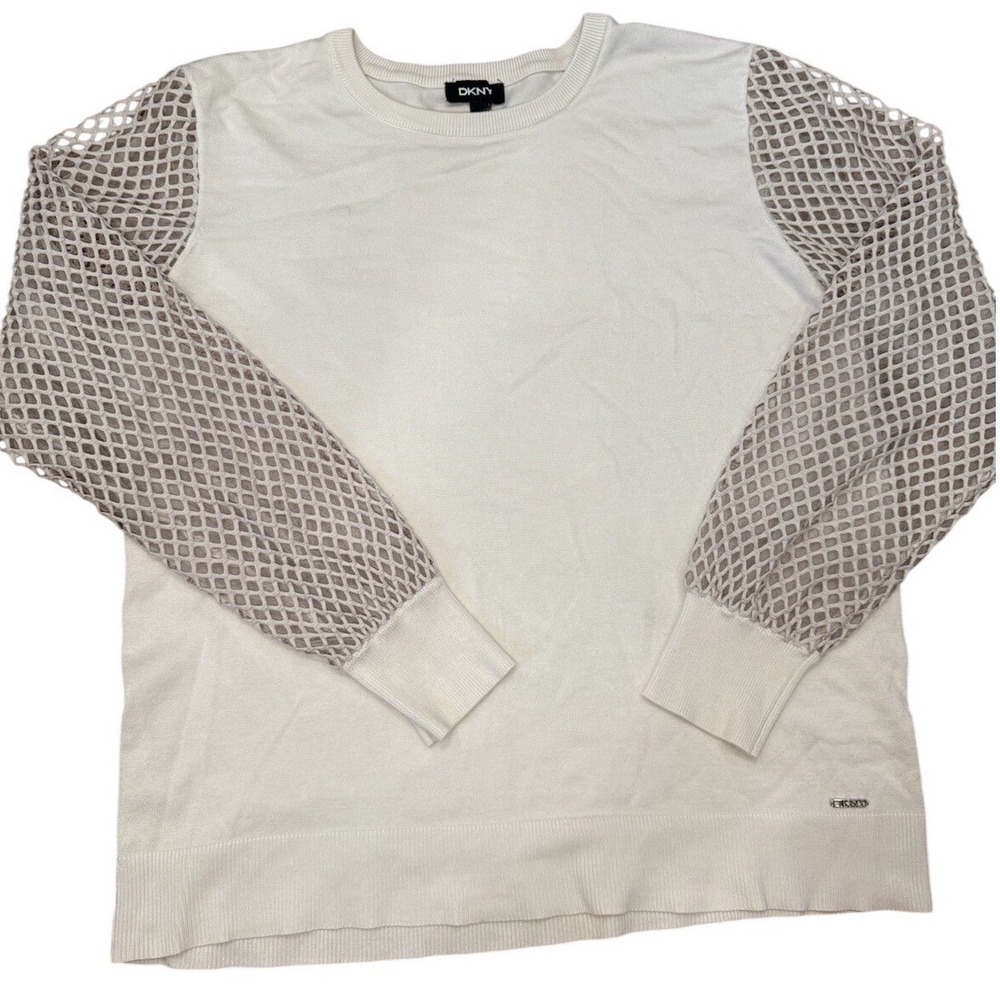 DKNY Womens XL‎ Cream Mesh Sleeve Sheer Crew Neck Sweater Pullover Knit Top